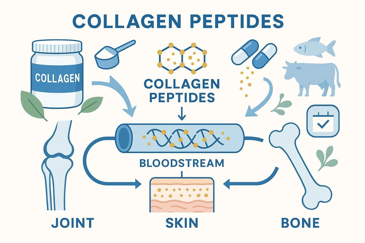 Collagen Peptides absorption infographic: from supplement to body health.