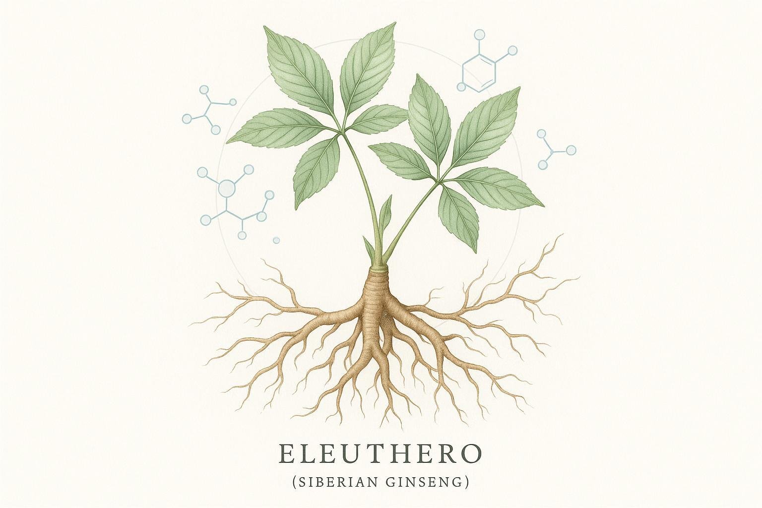 Botanical depiction of Eleuthero (Siberian Ginseng) with roots, leaves, and scientific wellness elements