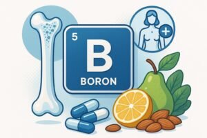 Boron mineral illustration with bone, hormone, supplement, and natural food symbols