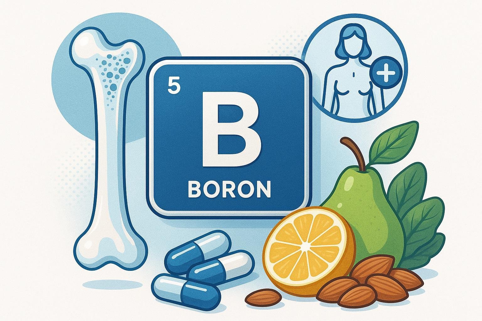 Boron mineral illustration with bone, hormone, supplement, and natural food symbols