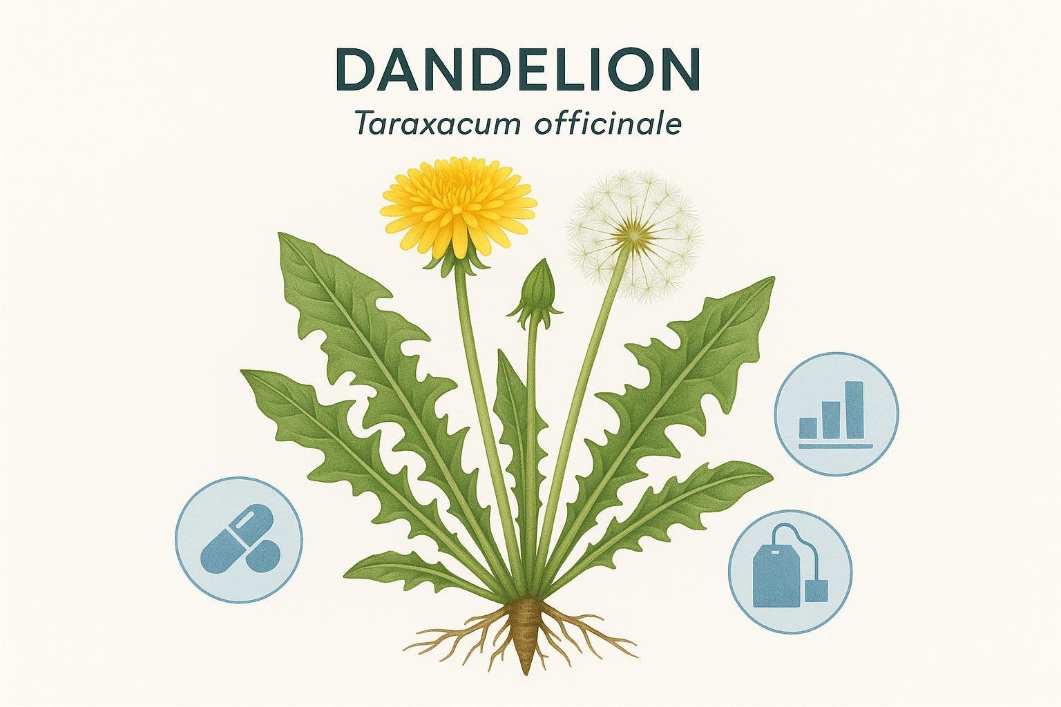 Dandelion plant infographic showing botanical features and supplement formats