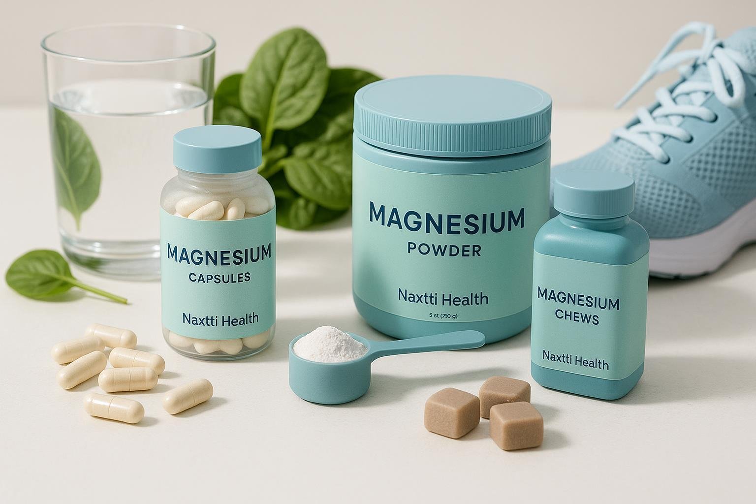 Modern display of magnesium supplement forms (capsules, powder, chews) with healthy lifestyle props and subtle Naxttii Health branding.