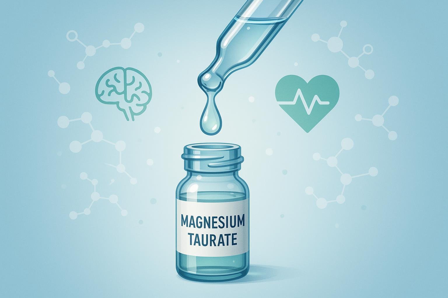 Magnesium taurate liquid dropper with heart health and science icons