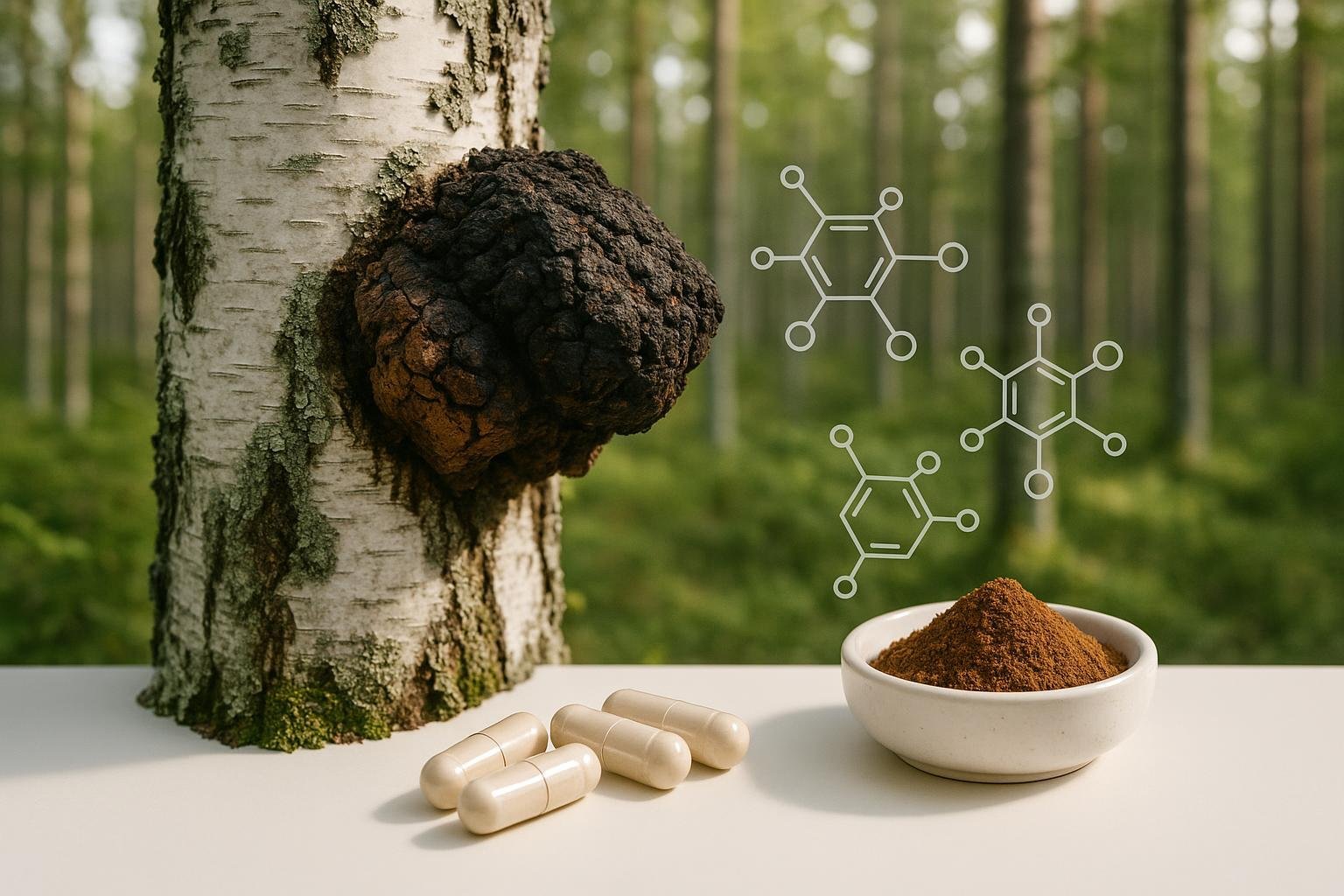 Chaga mushroom on birch tree with supplement forms