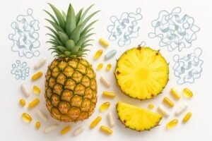 Pineapple, enzyme molecules, and supplement capsules visually representing Bromelain in wellness and science.
