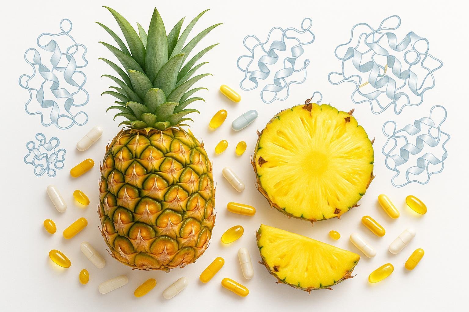 Pineapple, enzyme molecules, and supplement capsules visually representing Bromelain in wellness and science.